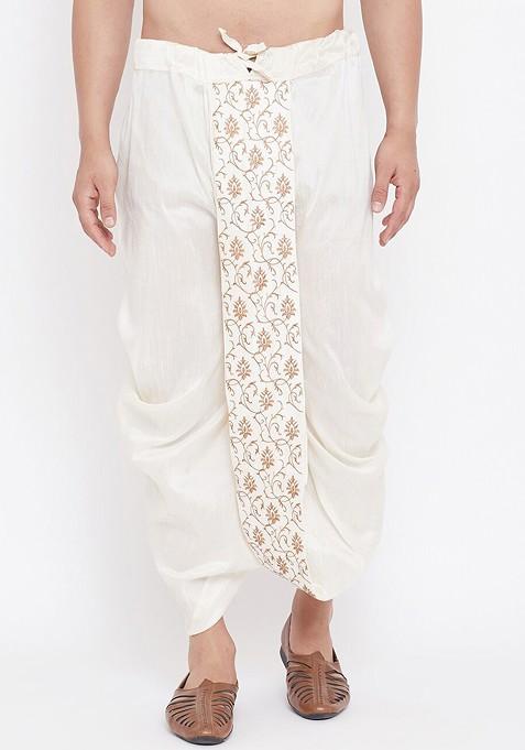 Cream Embroidered Poly Blend Dhoti For Men