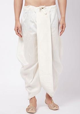 Cream Solid Poly Blend Dhoti For Men