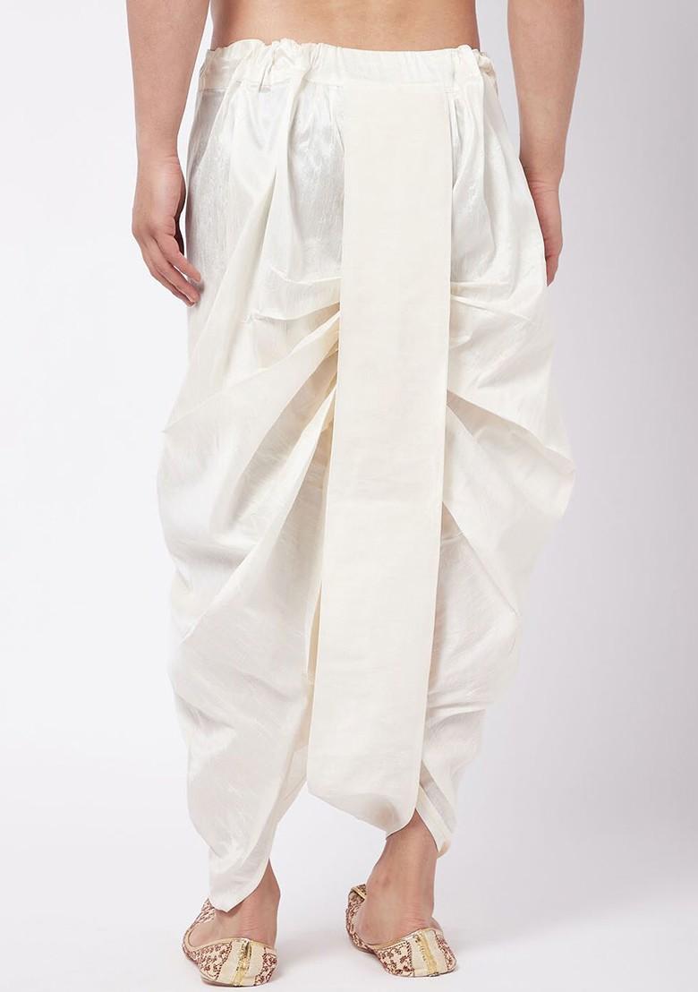Cream Solid Poly Blend Dhoti For Men