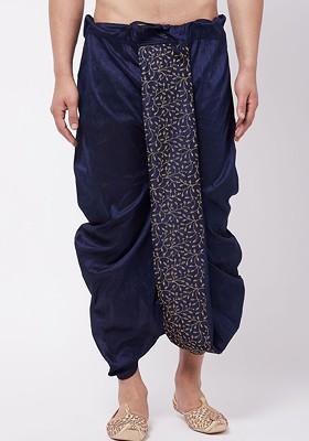 Navy Blue Embroidered Poly Blend Dhoti For Men