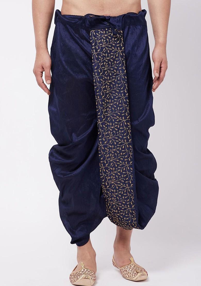 Navy Blue Embroidered Poly Blend Dhoti For Men