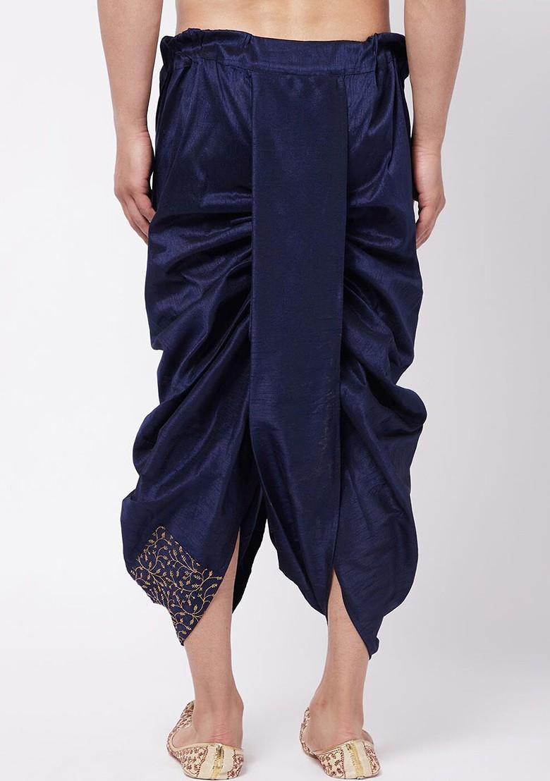 Navy Blue Embroidered Poly Blend Dhoti For Men