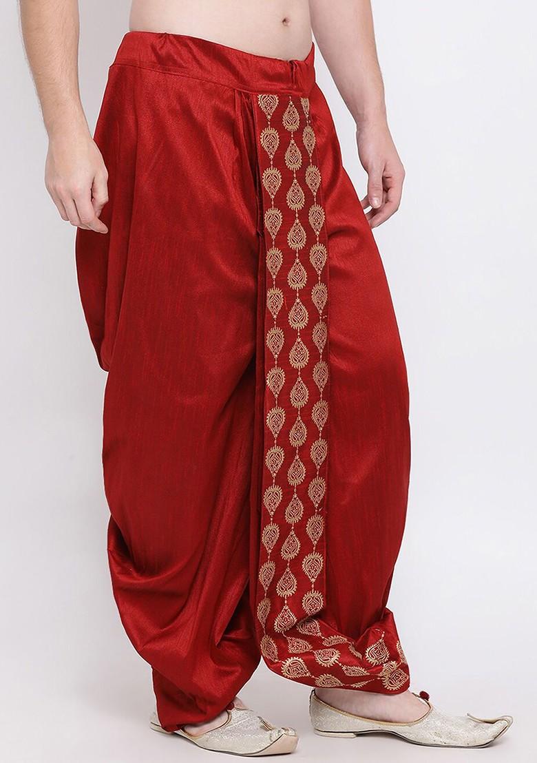 Maroon Embroidered Poly Blend Dhoti For Men