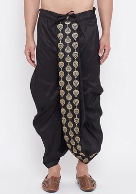 Black Embroidered Poly Blend Dhoti For Men