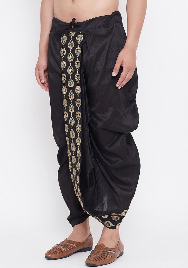 Black Embroidered Poly Blend Dhoti For Men
