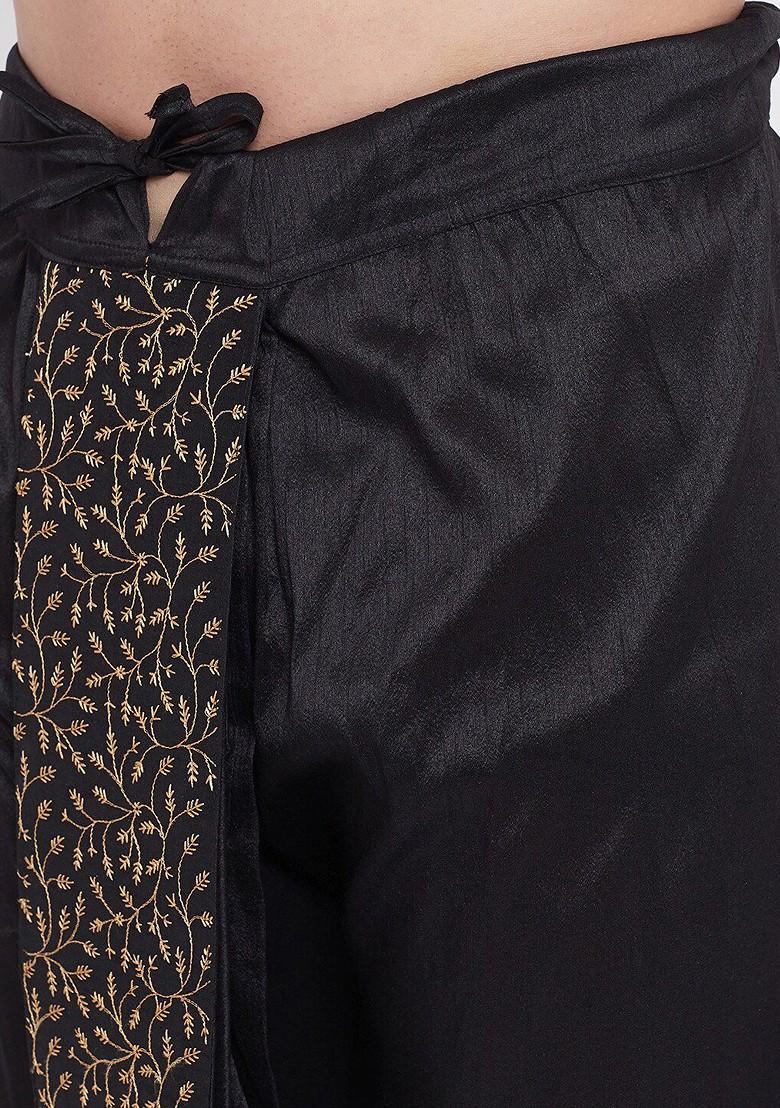 Black Embroidered Poly Blend Dhoti For Men