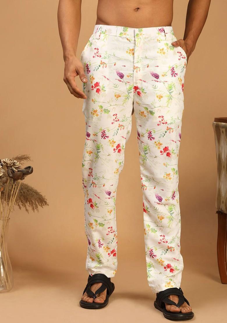 Cream Floral Print Muslin Pyjama For Men