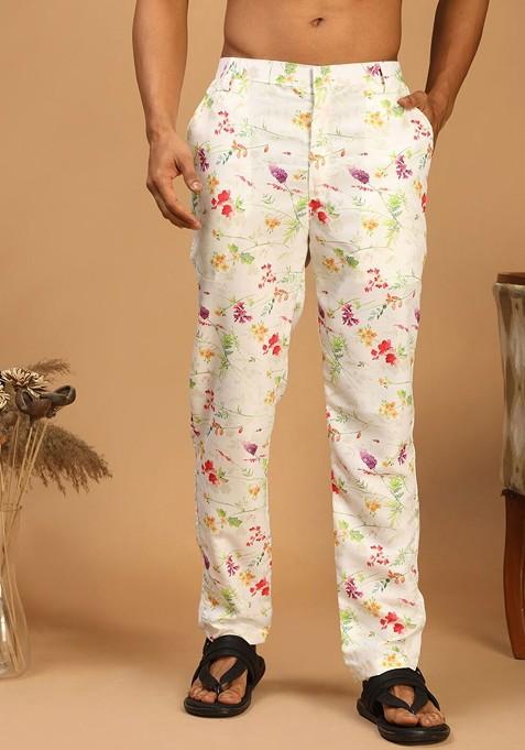 Cream Floral Print Muslin Pyjama For Men