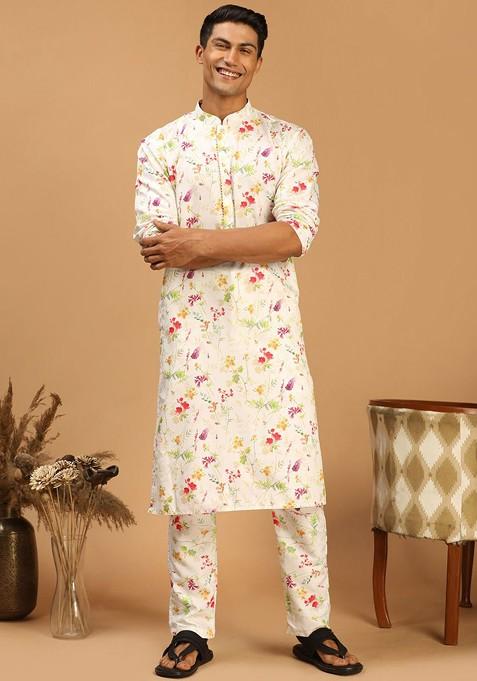 Cream Floral Print Muslin Pyjama For Men