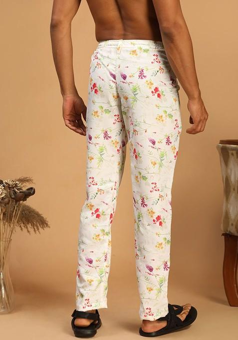 Cream Floral Print Muslin Pyjama For Men