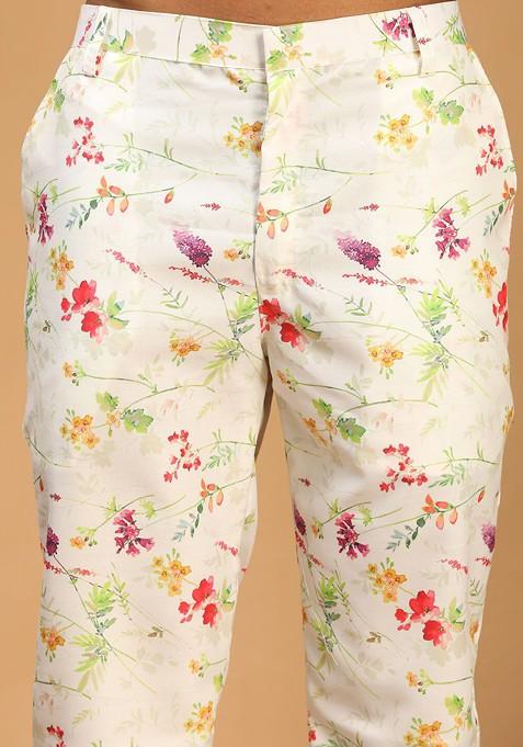Cream Floral Print Muslin Pyjama For Men