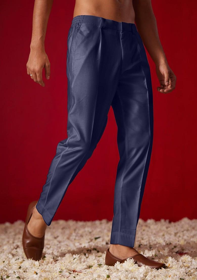 Navy Blue Solid Poly Blend Pyjama For Men
