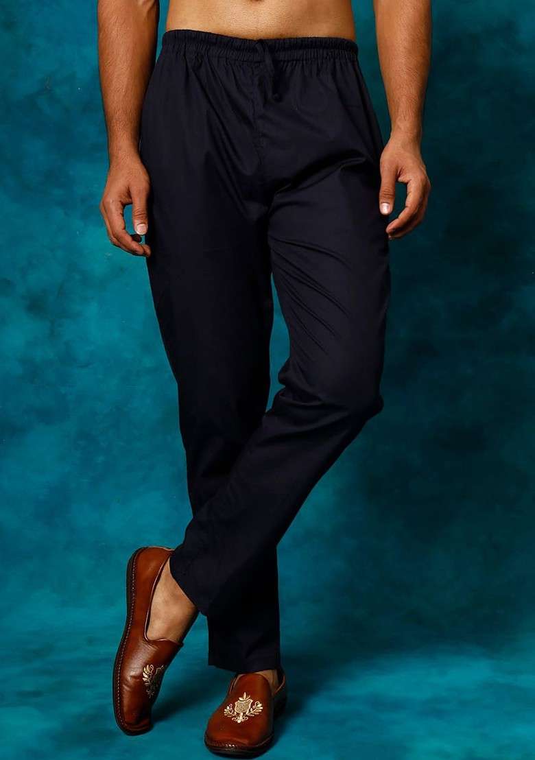 Navy Blue Solid Cotton Pyjama For Men - Indya