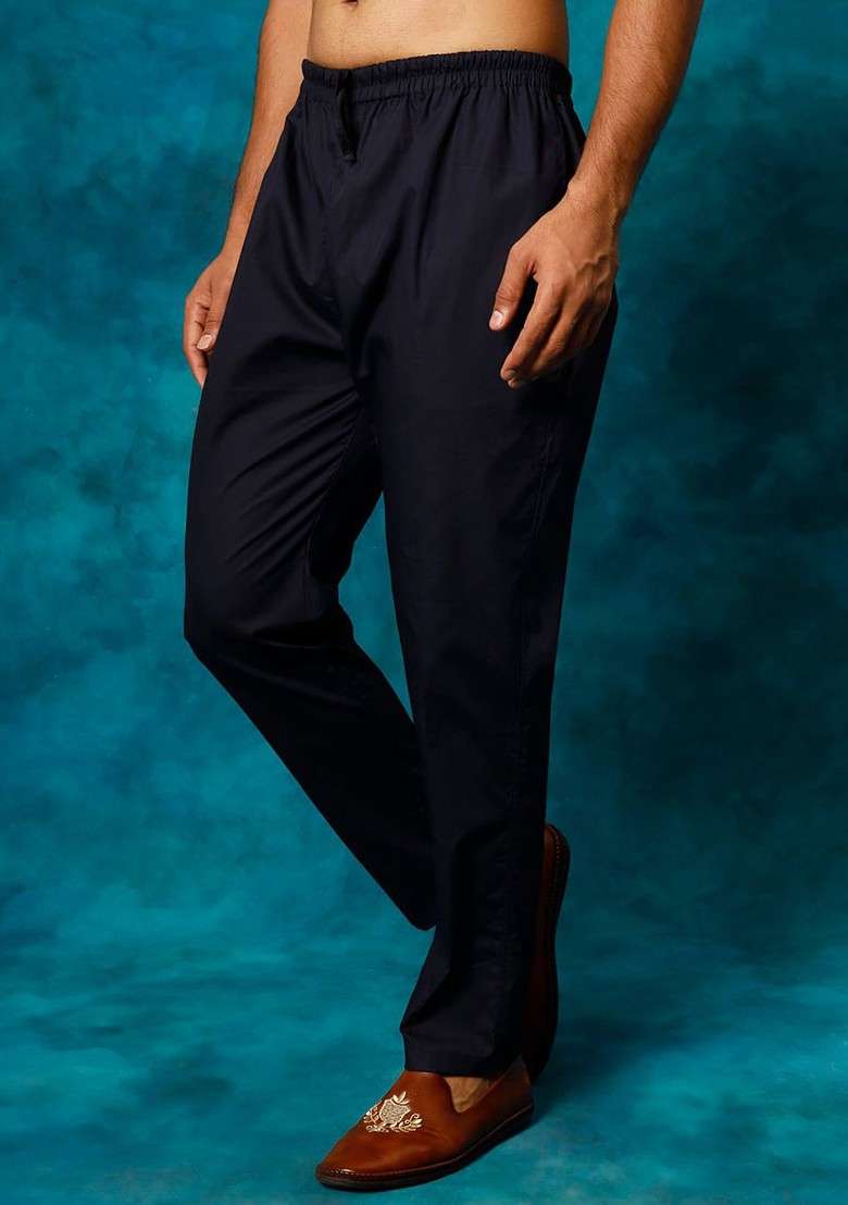 Navy Blue Solid Cotton Pyjama For Men - Indya