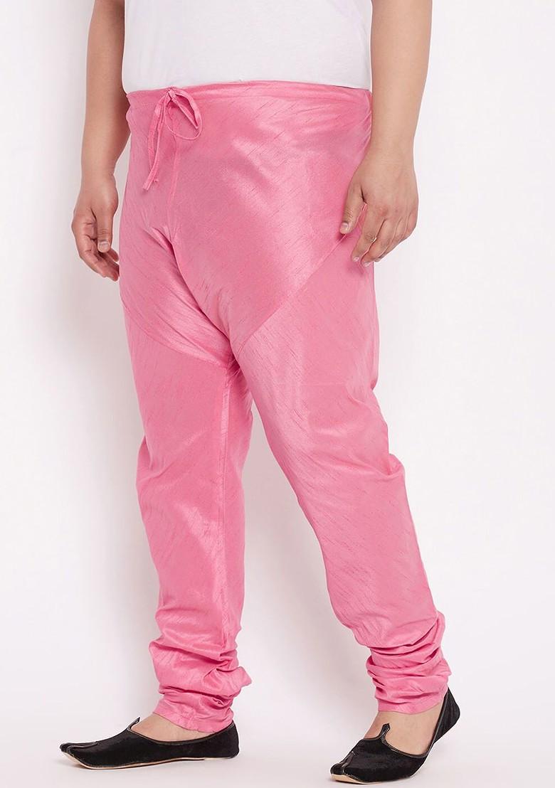 Pink Solid Poly Blend Churidar For Men