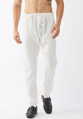 White Solid Poly Blend Churidar For Men