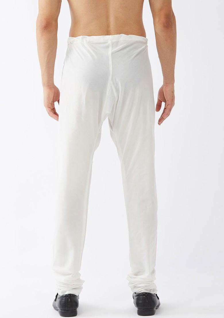 White Solid Poly Blend Churidar For Men