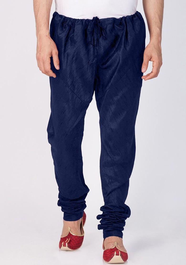 Navy Blue Solid Silk Churidar For Men