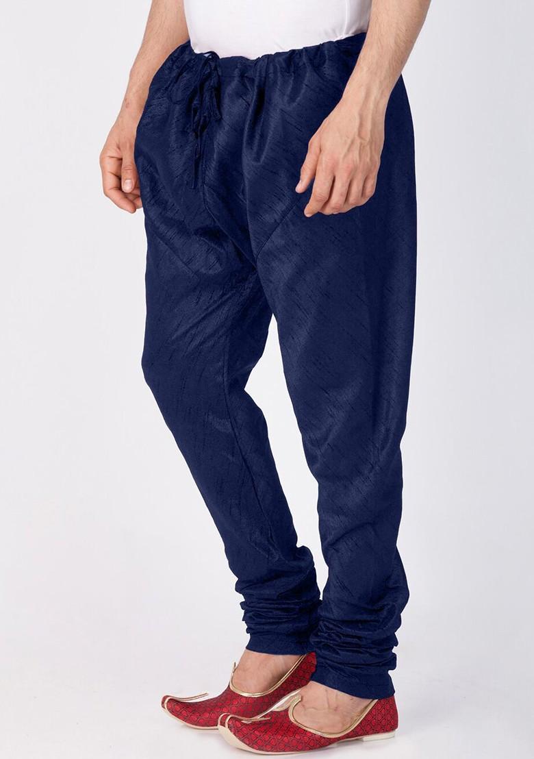 Navy Blue Solid Silk Churidar For Men