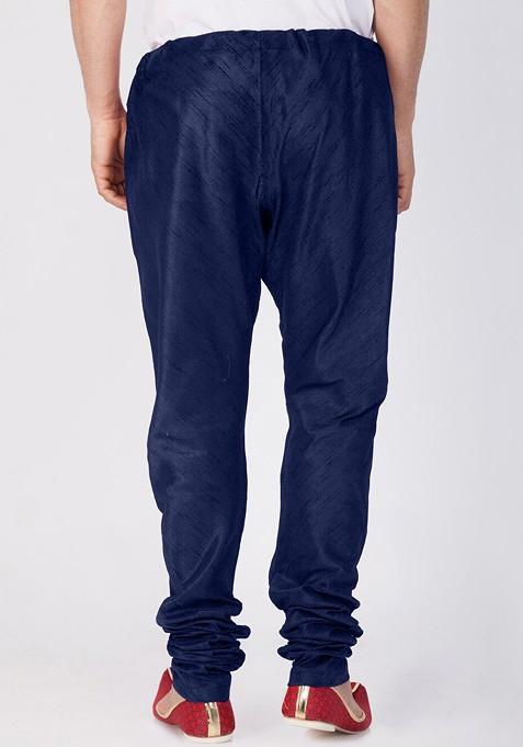 Navy Blue Solid Silk Churidar For Men
