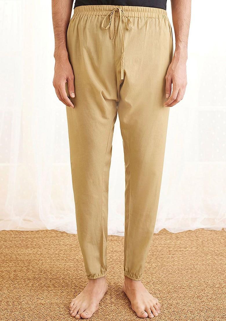 Beige Solid Cotton Pyjama For Men