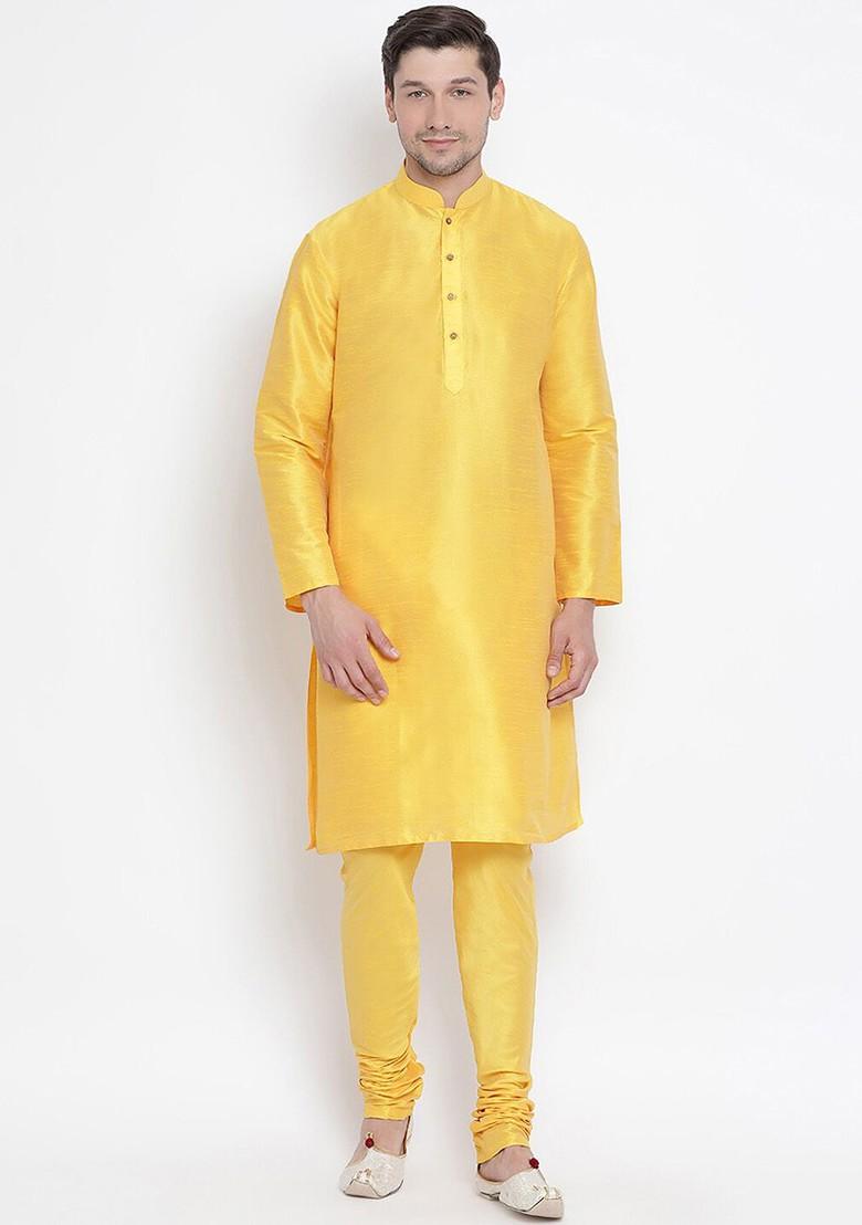 Yellow Solid Poly Blend Churidar For Men