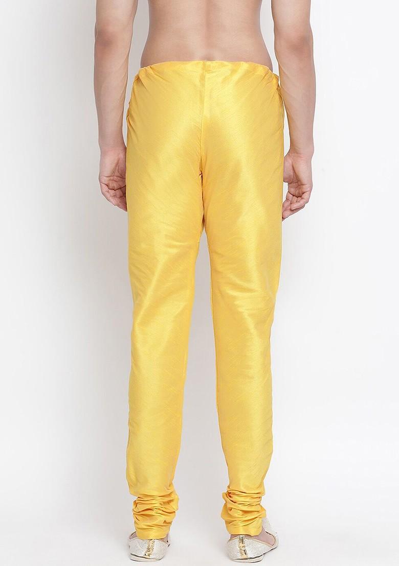 Yellow Solid Poly Blend Churidar For Men