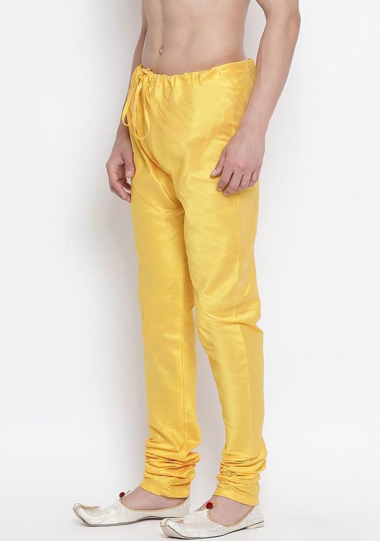 Yellow Solid Poly Blend Churidar For Men