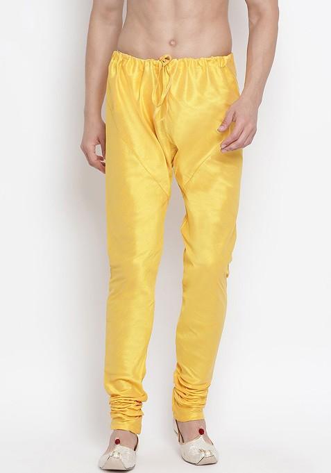 Yellow Solid Poly Blend Churidar For Men
