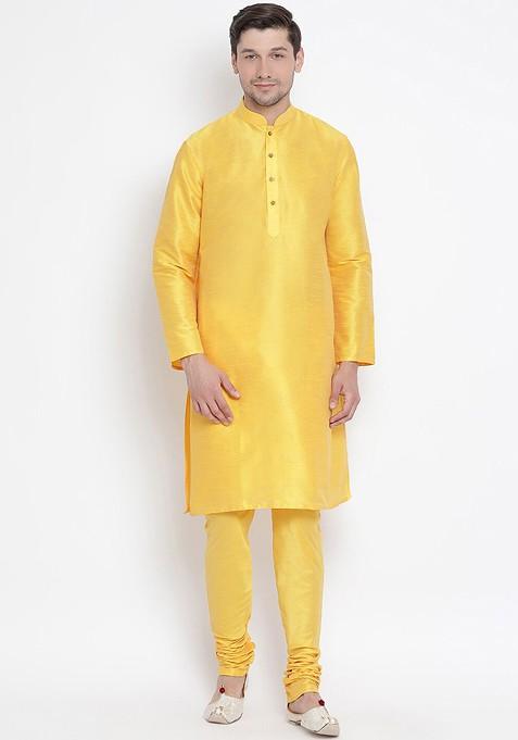 Yellow Solid Poly Blend Churidar For Men