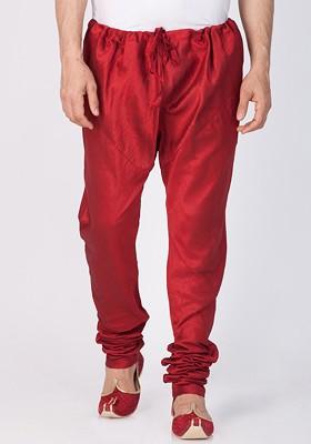 Maroon Solid Poly Blend Churidar For Men