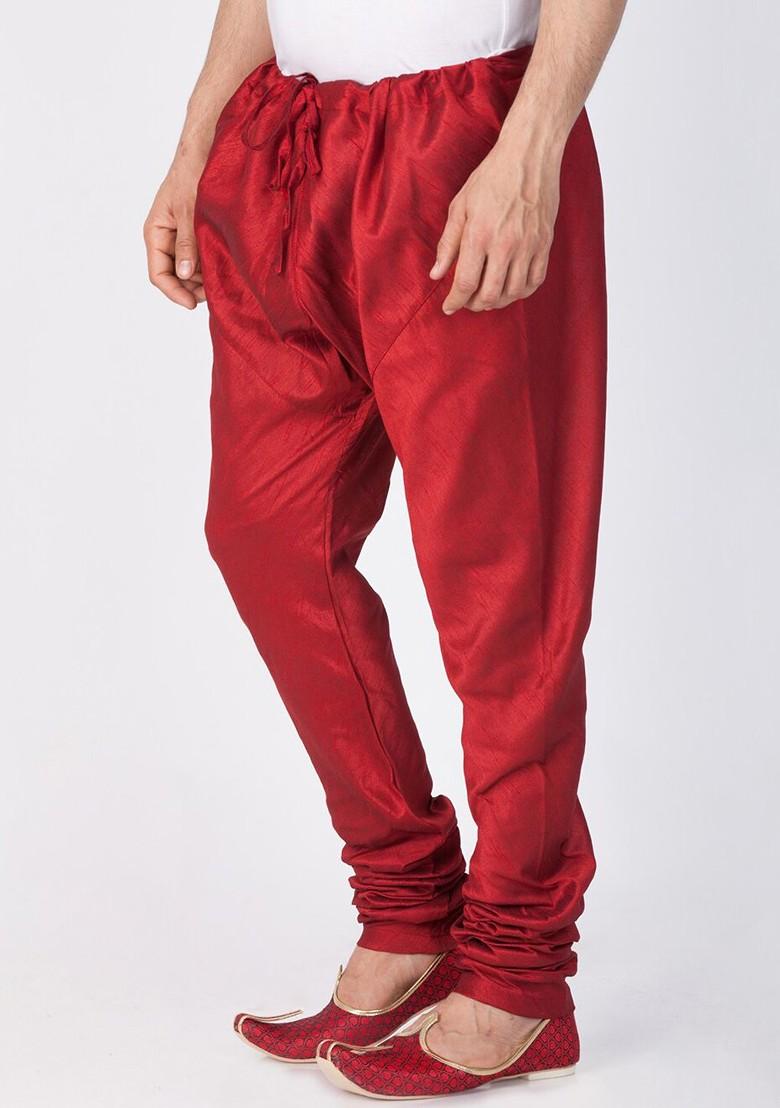 Maroon Solid Poly Blend Churidar For Men