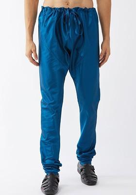 Turquoise Blue Solid Poly Blend Churidar For Men