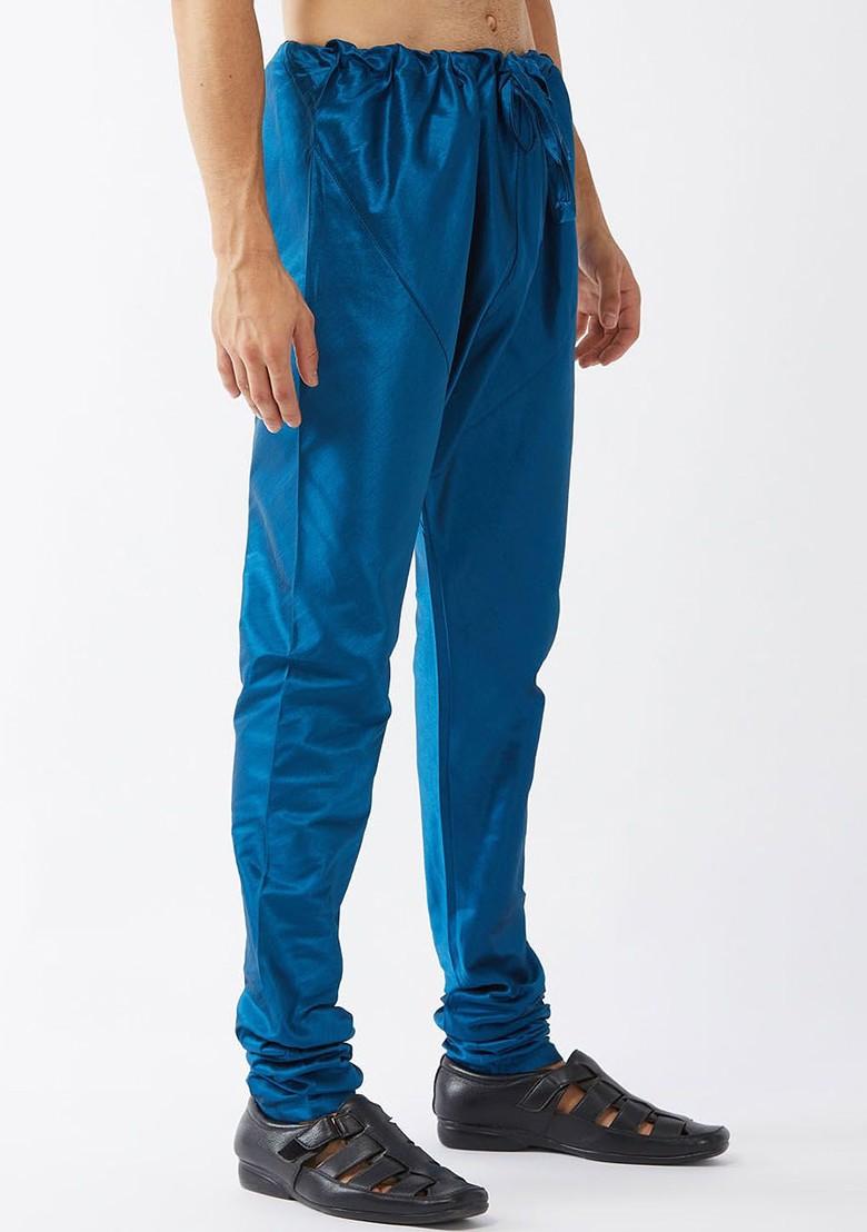 Turquoise Blue Solid Poly Blend Churidar For Men