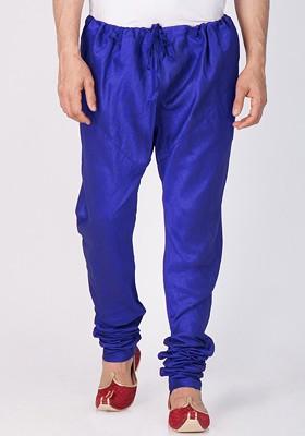 Blue Solid Poly Blend Churidar For Men