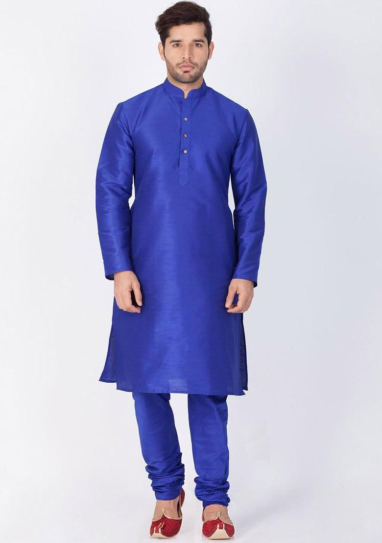 Blue Solid Poly Blend Churidar For Men