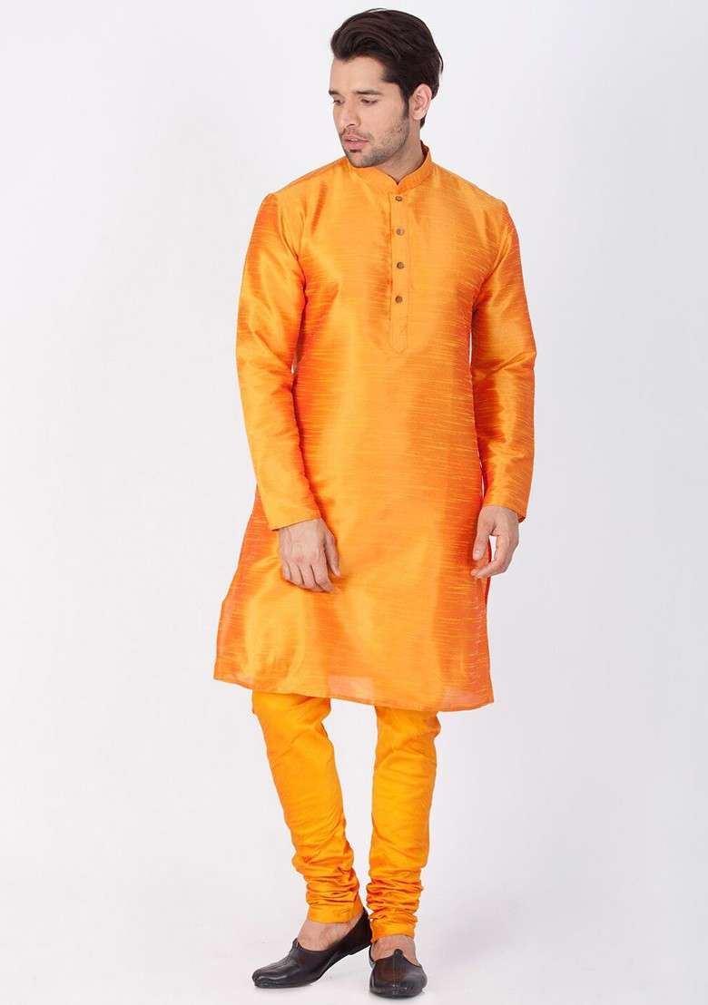 Orange Solid Poly Blend Churidar For Men - Indya