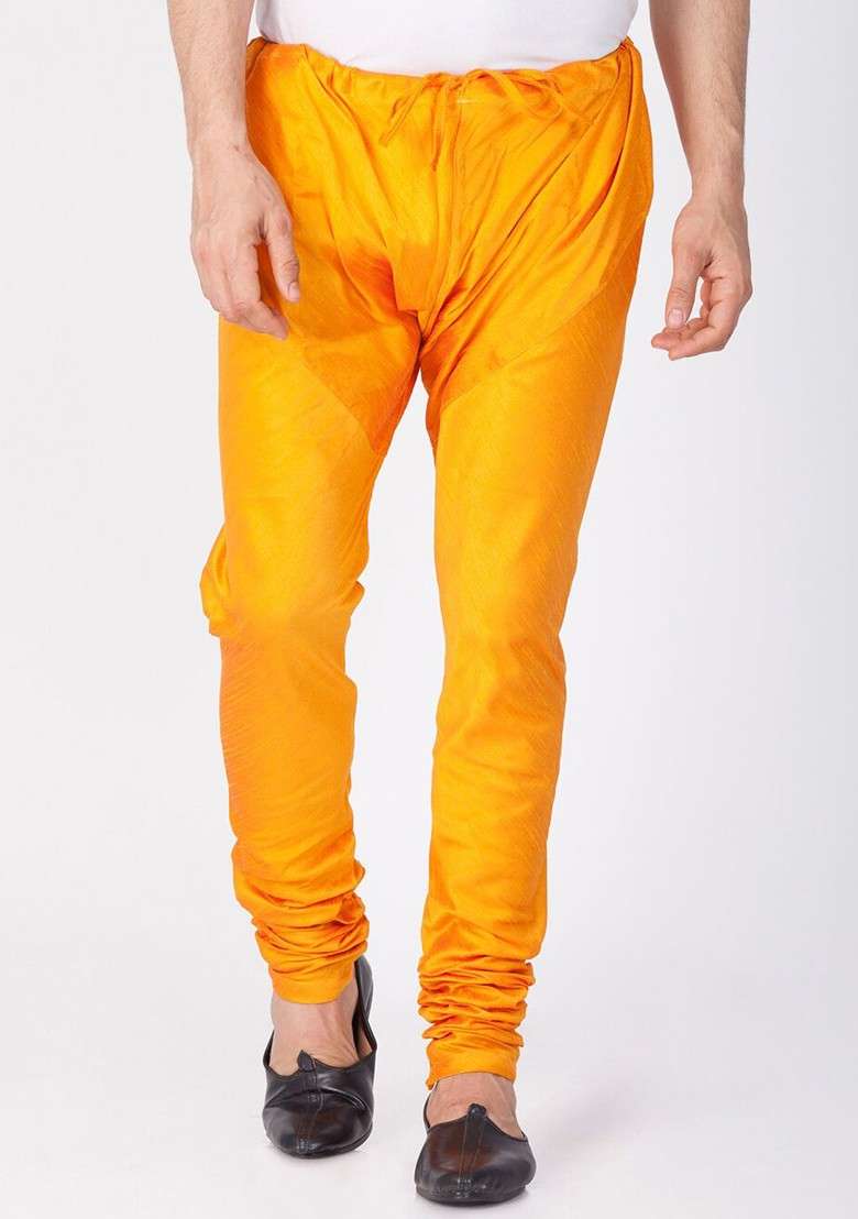 Orange Solid Poly Blend Churidar For Men - Indya