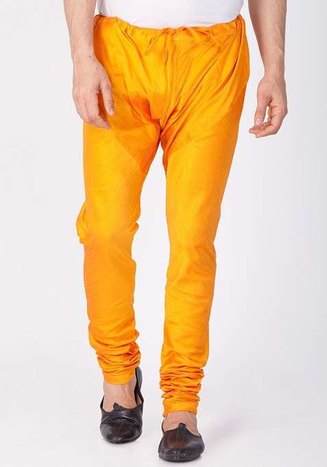 Orange Solid Poly Blend Churidar For Men