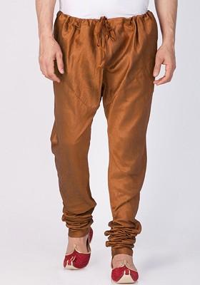 Coffee Brown Solid Poly Blend Churidar For Men