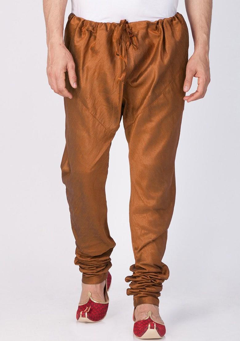 Coffee Brown Solid Poly Blend Churidar For Men