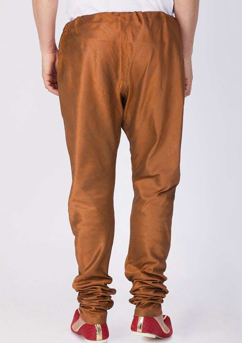 Coffee Brown Solid Poly Blend Churidar For Men - Indya