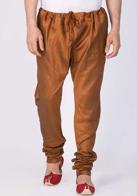 Coffee Brown Solid Poly Blend Churidar For Men