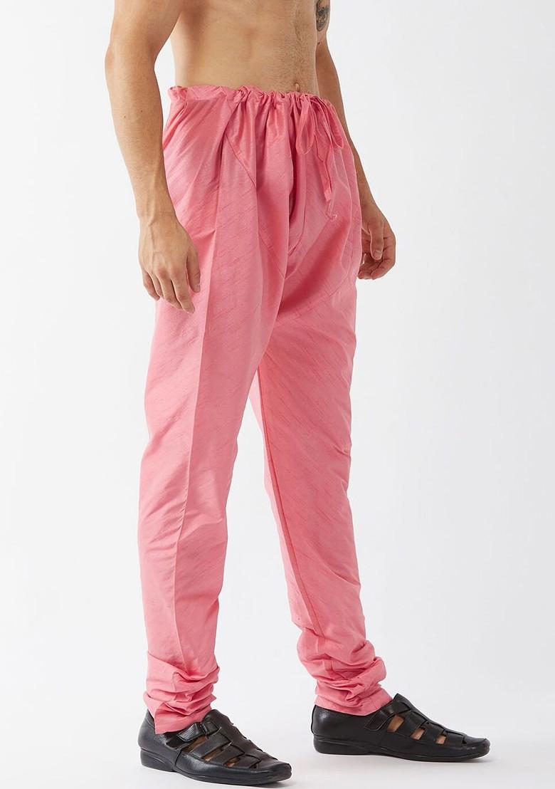 Pink Solid Poly Blend Churidar For Men