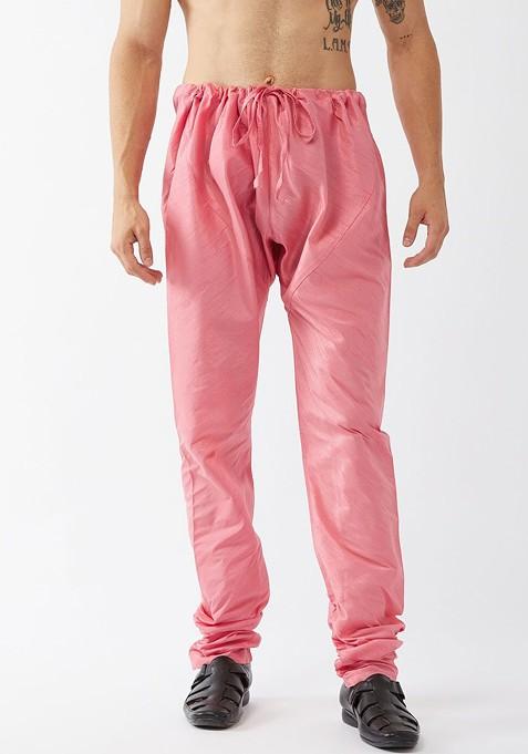 Pink Solid Poly Blend Churidar For Men