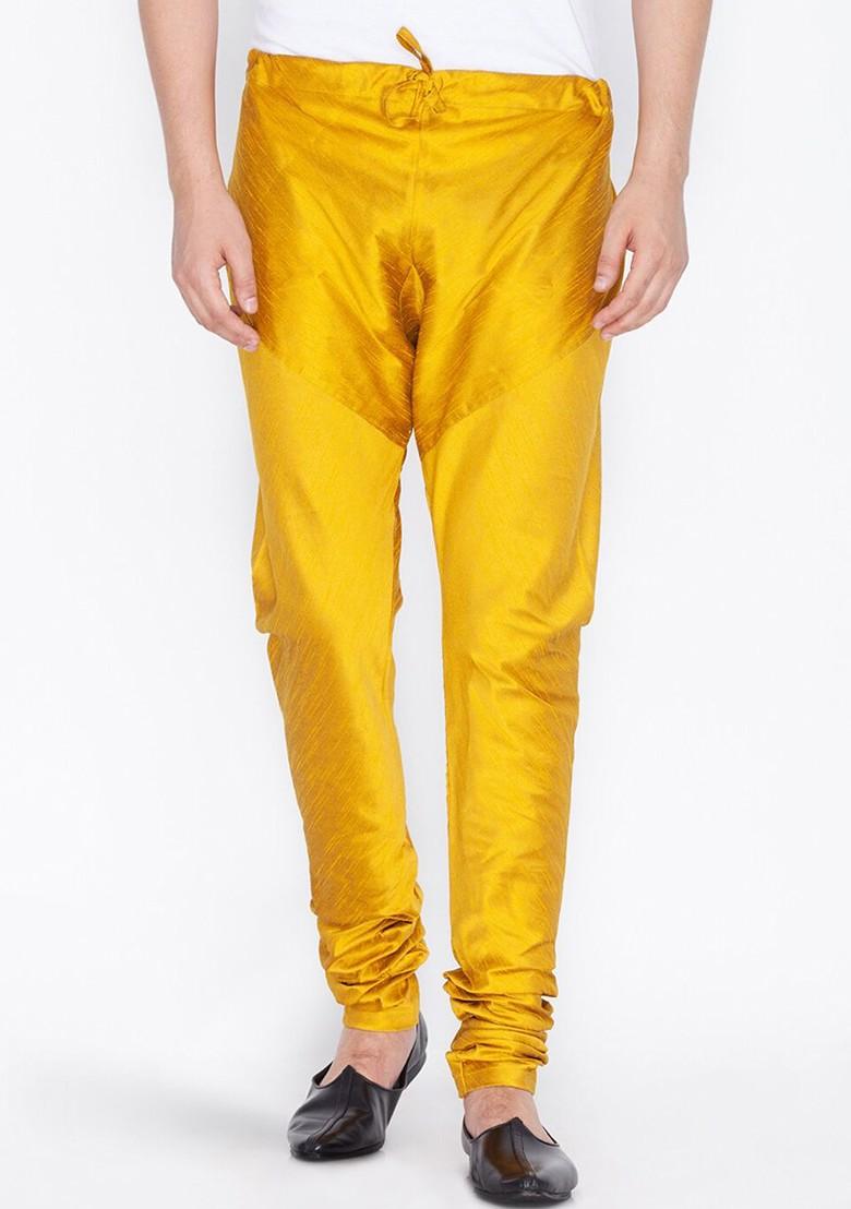Mustard Solid Poly Blend Churidar For Men