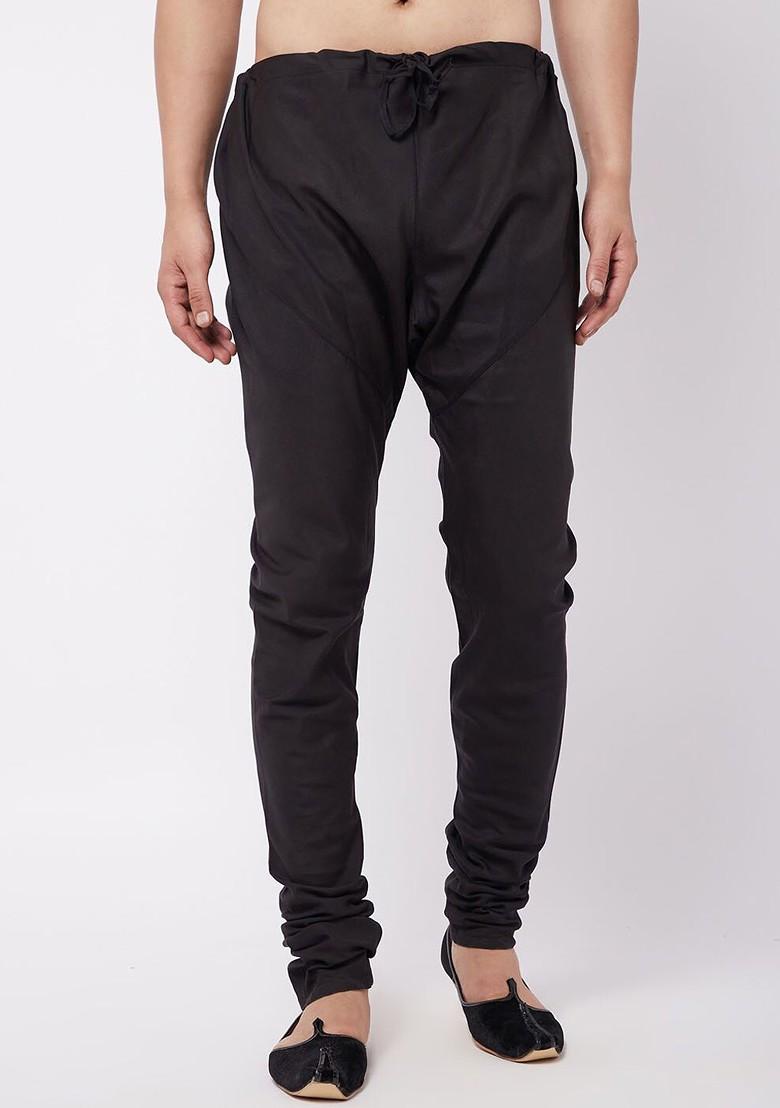 Black Solid Poly Blend Churidar For Men