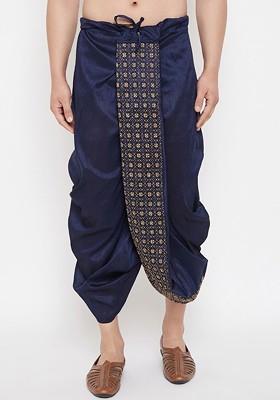 Navy Blue Embroidered Poly Blend Dhoti For Men