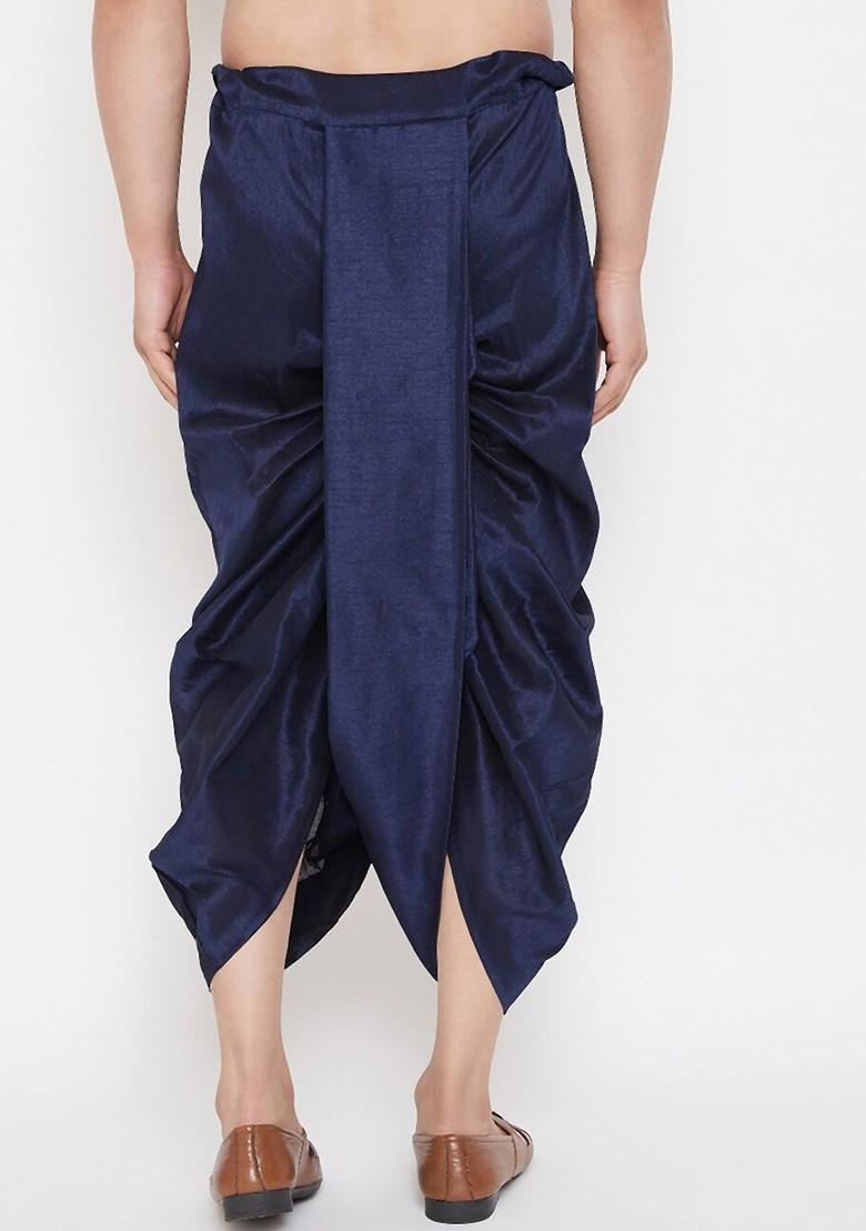 Navy Blue Embroidered Poly Blend Dhoti For Men