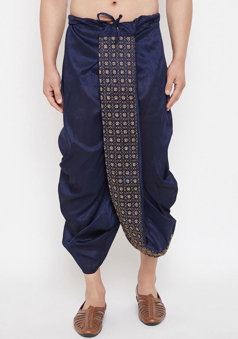 Navy Blue Embroidered Poly Blend Dhoti For Men